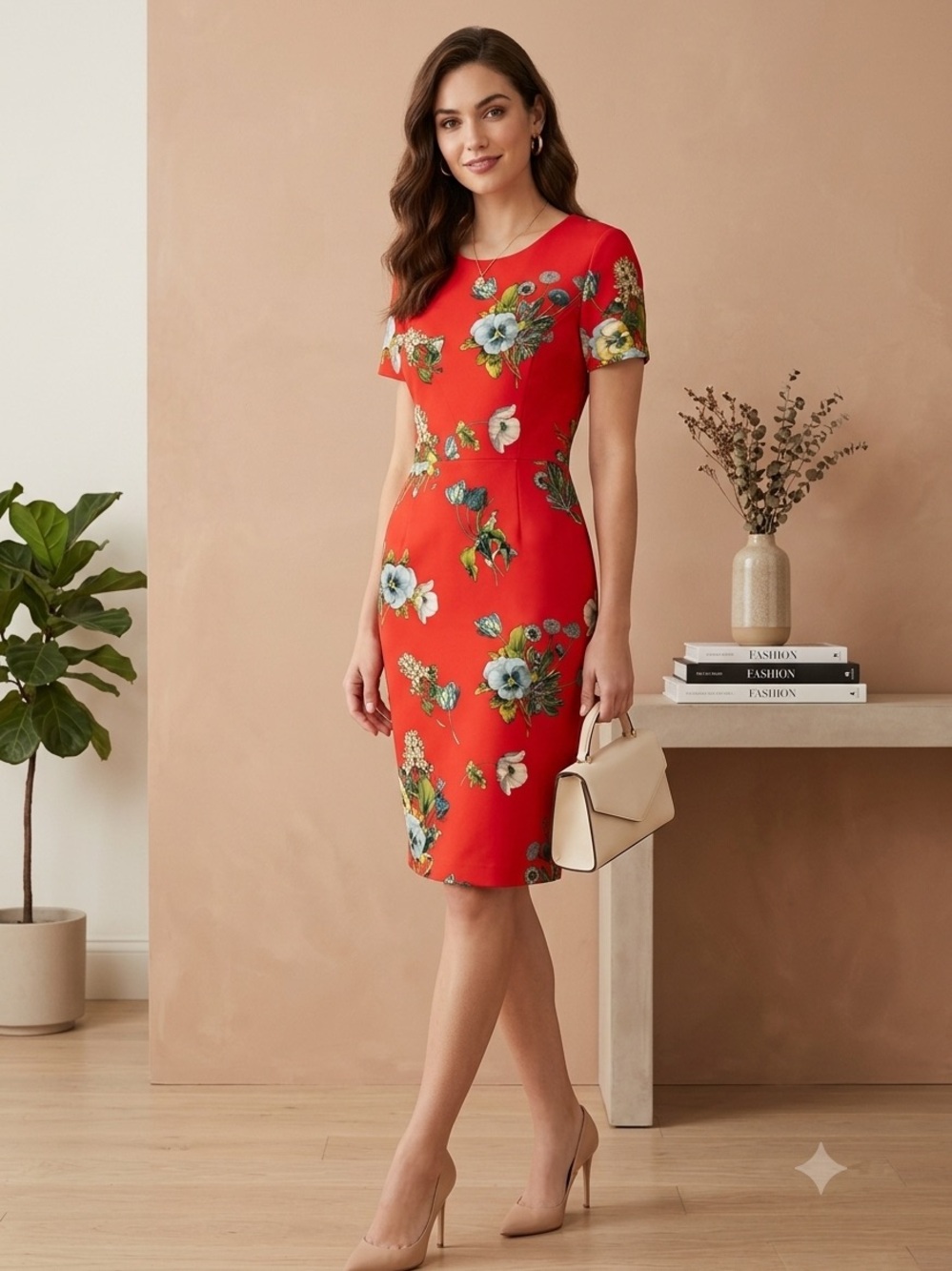 Black Halo Red Floral Sheath Midi Dress
